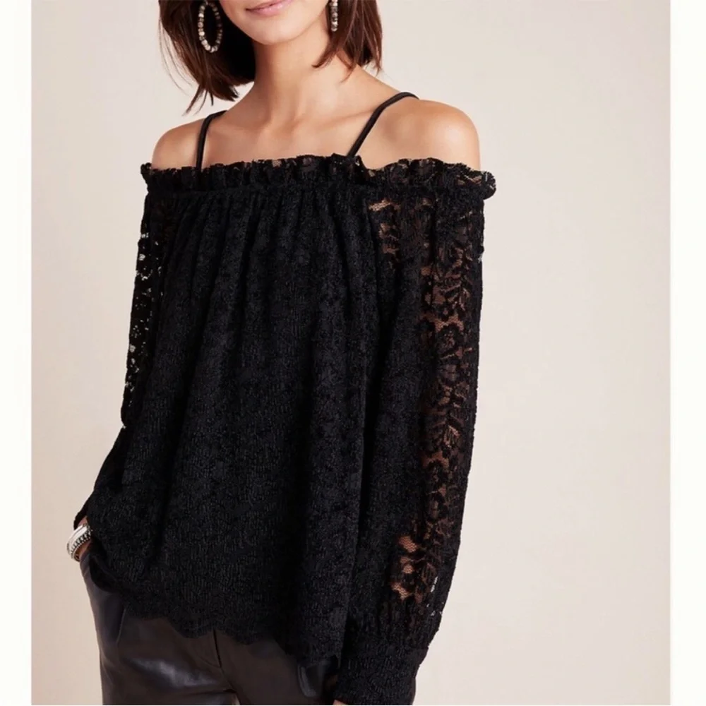 Anthropologie Eri Ali Ramona Lace Off the Shoulder Top Black Long Sleeve M NEW